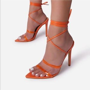 EGO DOLLED-UP PERSPEX STRAP LACE UP POINTED TOE HEEL IN ORANGE FAUX LEATHER